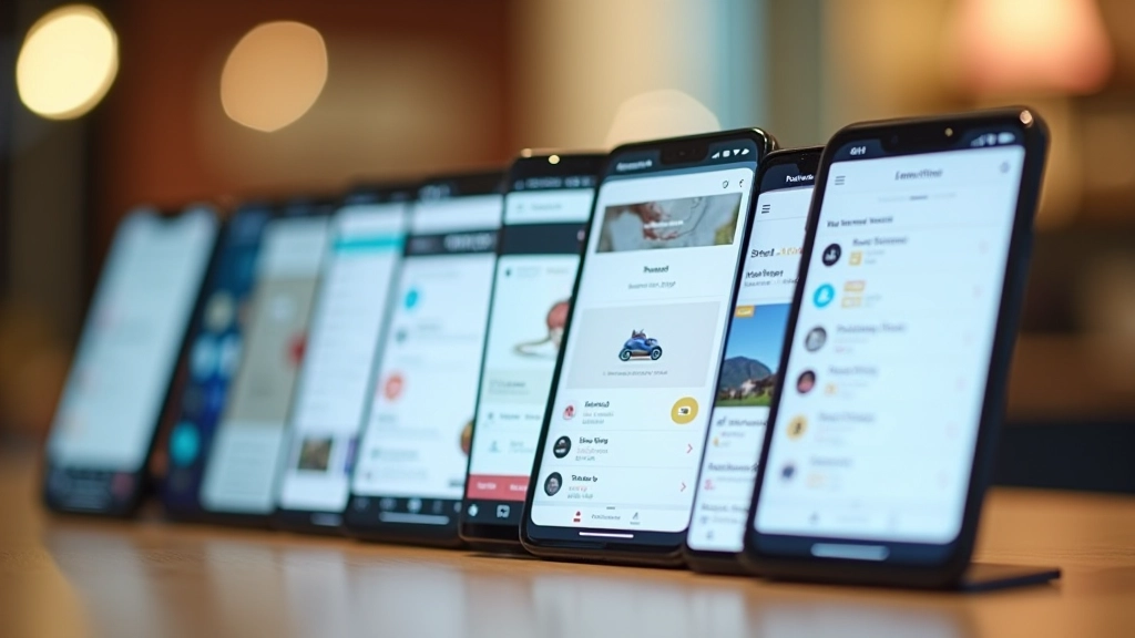 複数のスマートフォン画面が並んで表示され、異なるモバイルナビゲーションのレイアウトパターンが比較されている